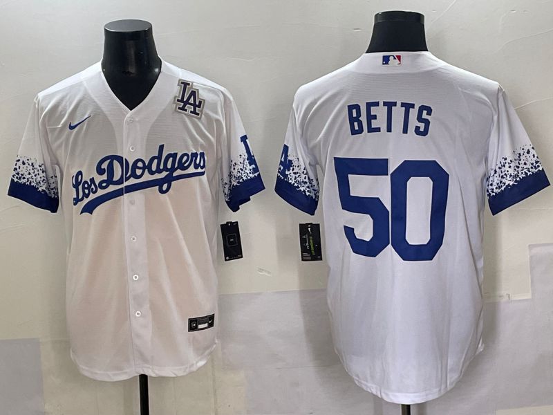 Men Los Angeles Dodgers #50 Betts White blue City Edition Nike MLB Jersey style 8